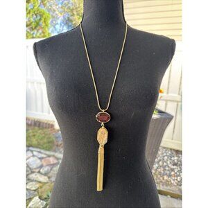 Chicos Gold Tone Tassel Ruby Long Rope Link Chain Statement Necklace NEW